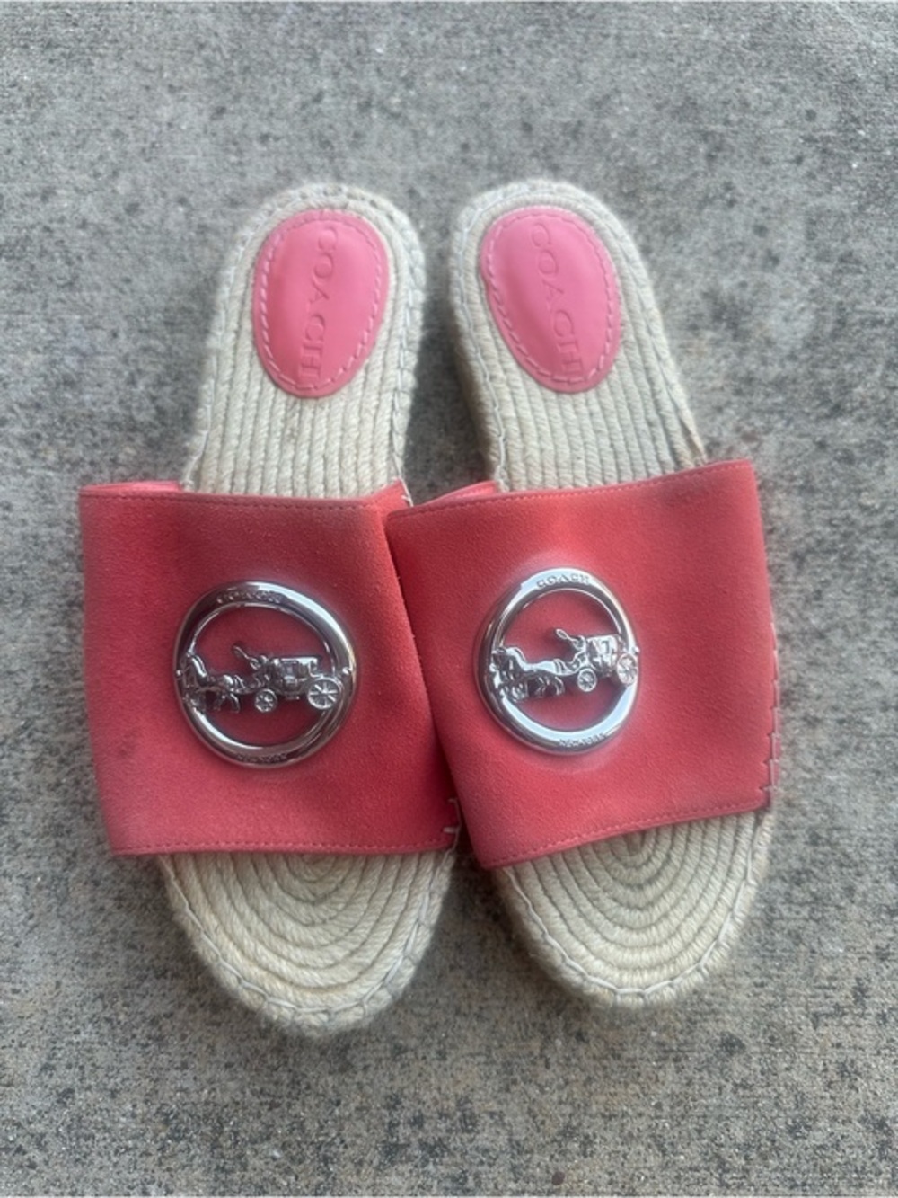 Coach Coral Suede Slide with Silver Horse & Carriage Emblem